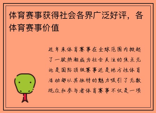 体育赛事获得社会各界广泛好评，各体育赛事价值